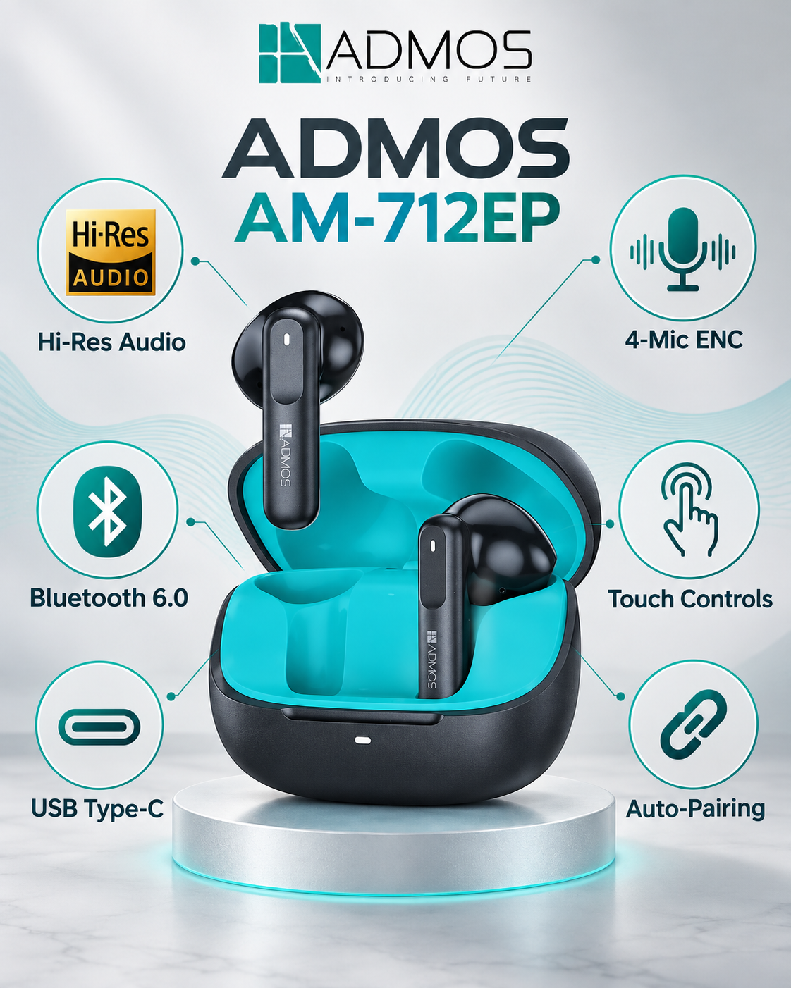 ADMOS AM-712EP Wireless Earbuds – Hi-Res Audio & 4-Mic ENC