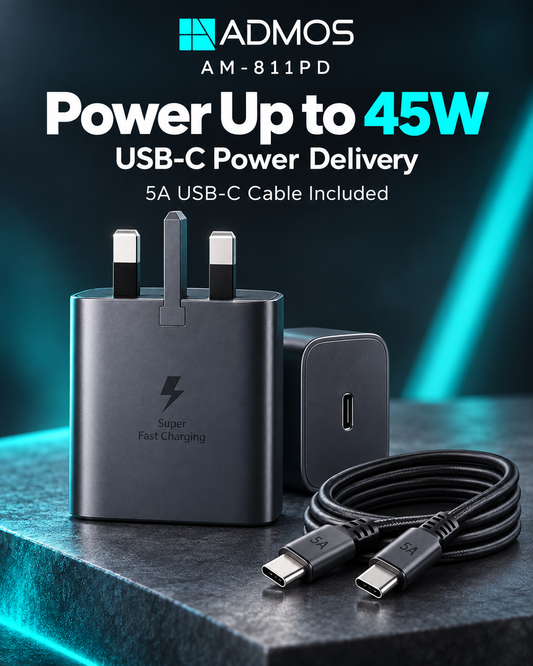 ADMOS AM-811PD 45W USB-C PD Charger – With 5A USB-C Cable