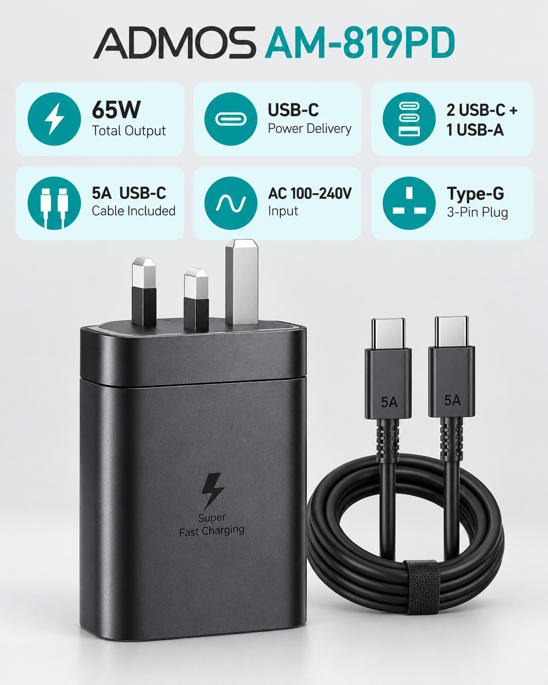 ADMOS AM-819PD 65W PD Trio Charger – With 5A USB-C Cable