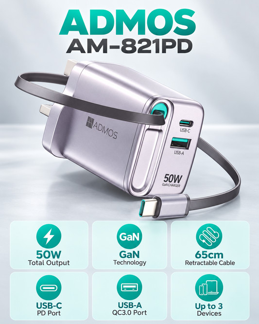 ADMOS AM-821PD 50W GaN Charger – Built-In Retractable USB-C Cable