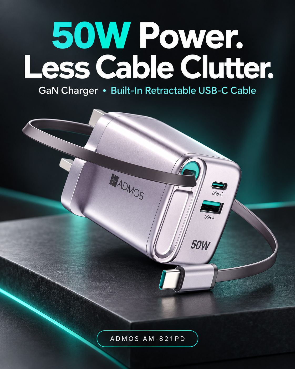 ADMOS AM-821PD 50W GaN Charger – Built-In Retractable USB-C Cable