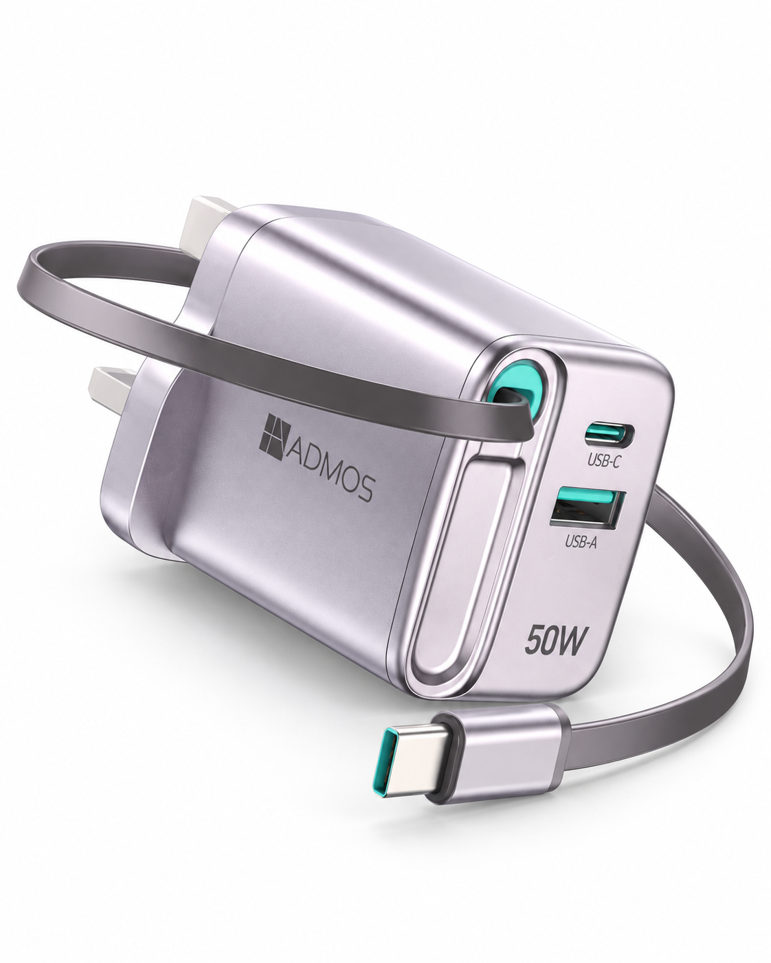ADMOS AM-821PD 50W GaN Charger – Built-In Retractable USB-C Cable