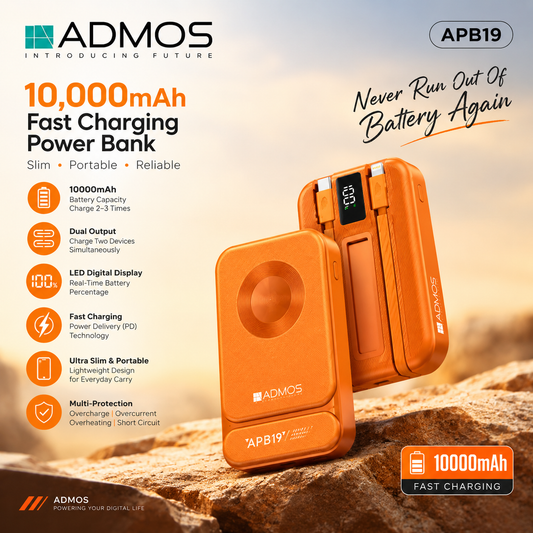 Admos APB19 10,000mAh Fast Charging Power Bank – LED Digital Display, Dual Output