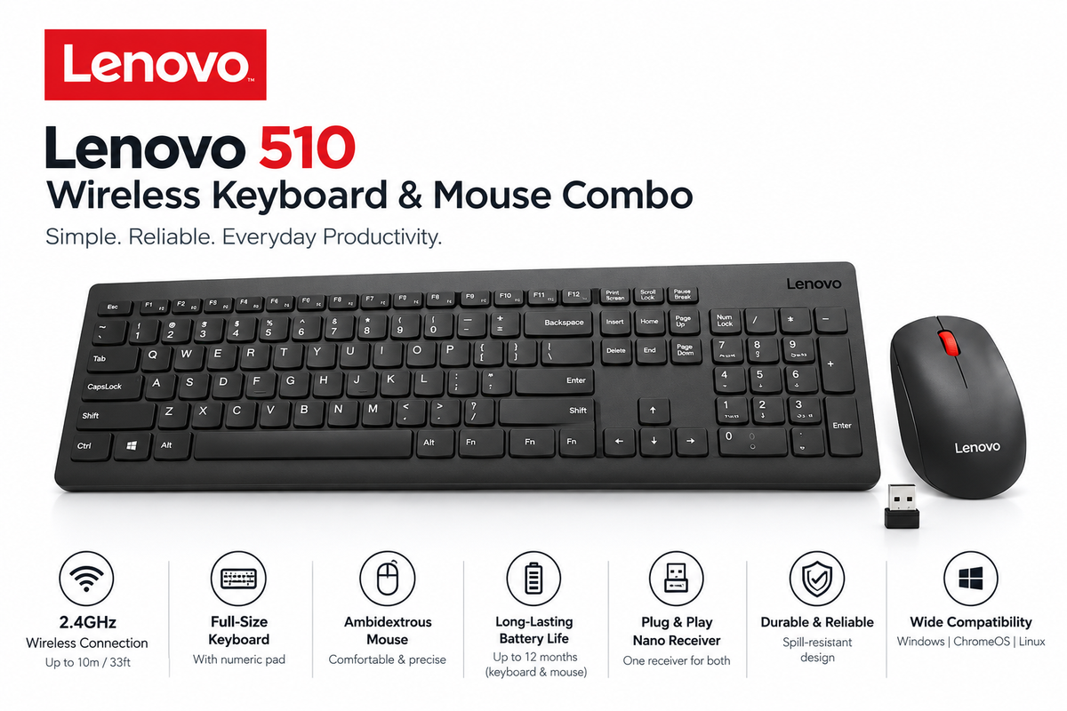 Lenovo 510 Wireless Keyboard & Mouse Combo – 2.4GHz, Full-Size Keyboard,