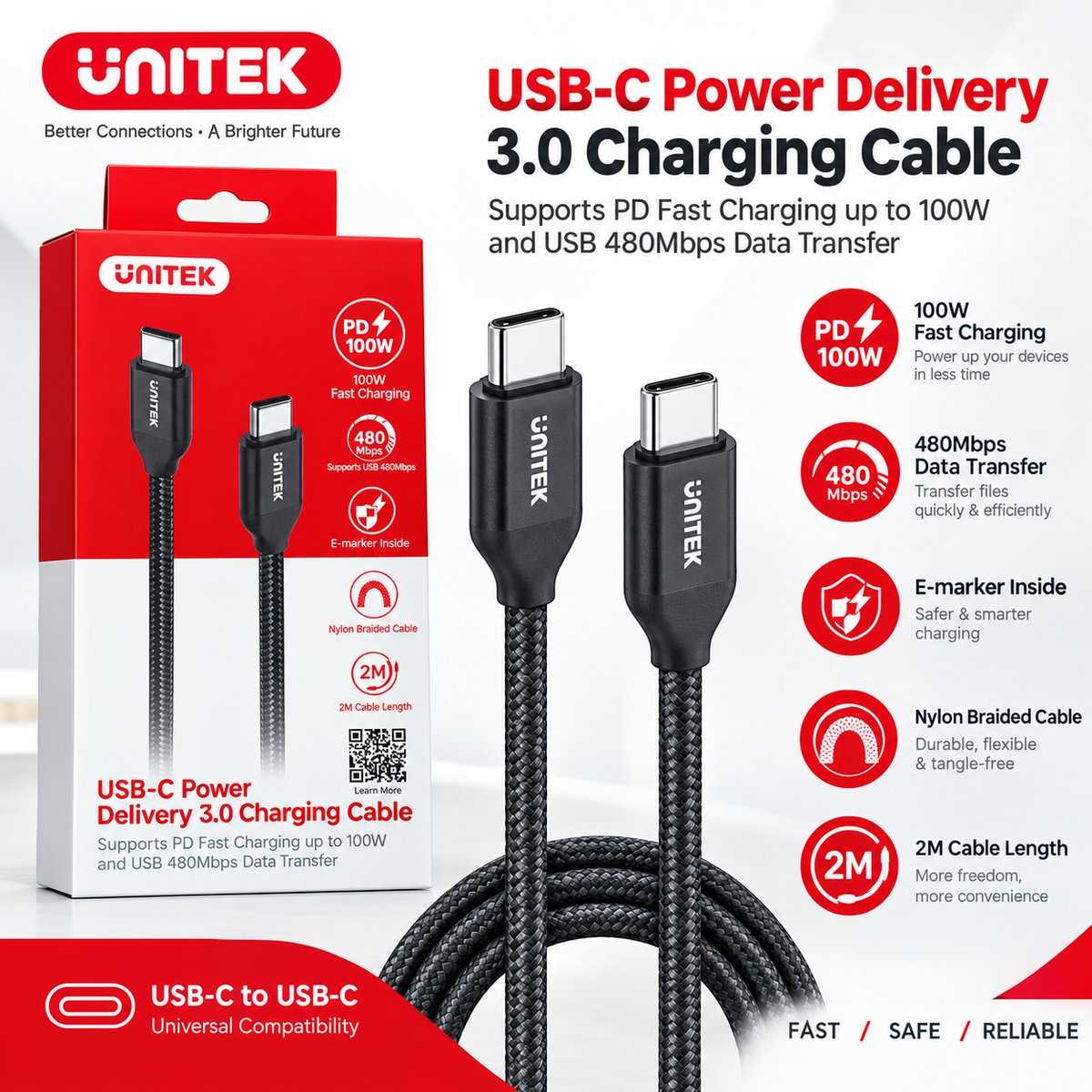 UNITEK USB-C to USB-C 100W PD Fast Charging Cable – 2M Nylon Braided, 480Mbps