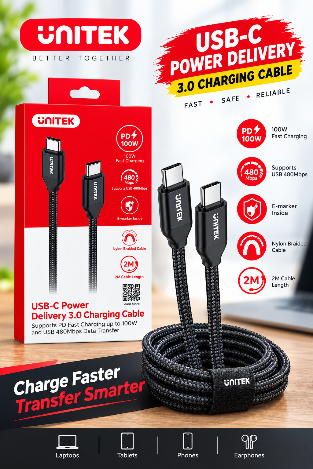 UNITEK USB-C to USB-C 100W PD Fast Charging Cable – 2M Nylon Braided, 480Mbps